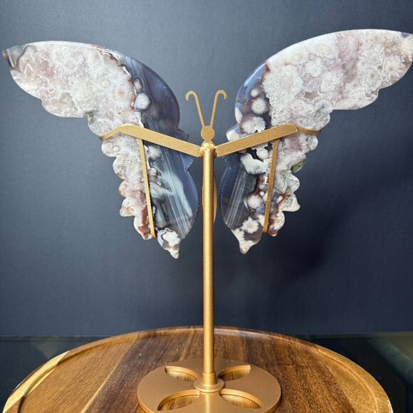 Black Agate Flower Butterfly Wings Pink Banding Natural Stone - Picture 6 of 8